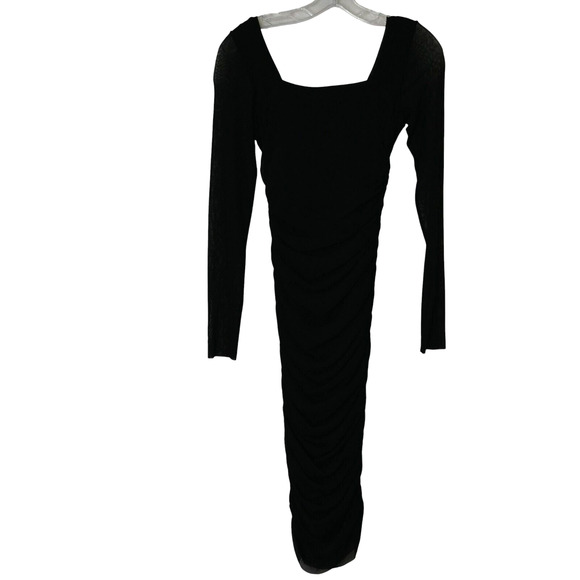 Fuzzi Ruched Bodycon Dress Size M Medium Black Long Sleeve Square Neck Mesh - Picture 6 of 8